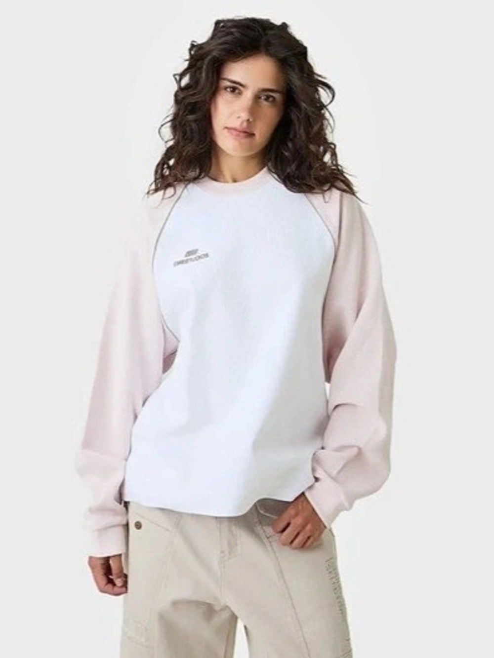 emstudio Hanbal Sugar Waffle Long Sleeve Color Block Pink & White Size Large NWT